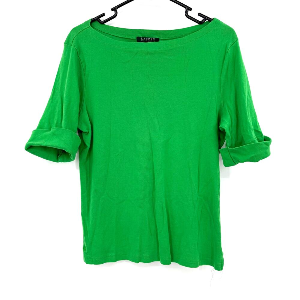 Lauren Ralph Lauren Size XL Short Sleeve Shirt Top Blouse Tee Green Roll Cuffs